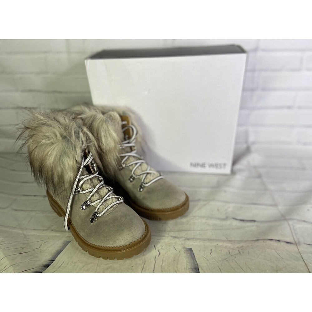 Nine West Womens Size 7 Andra Lace Up Boots Booties Faux Fur Collar NEW